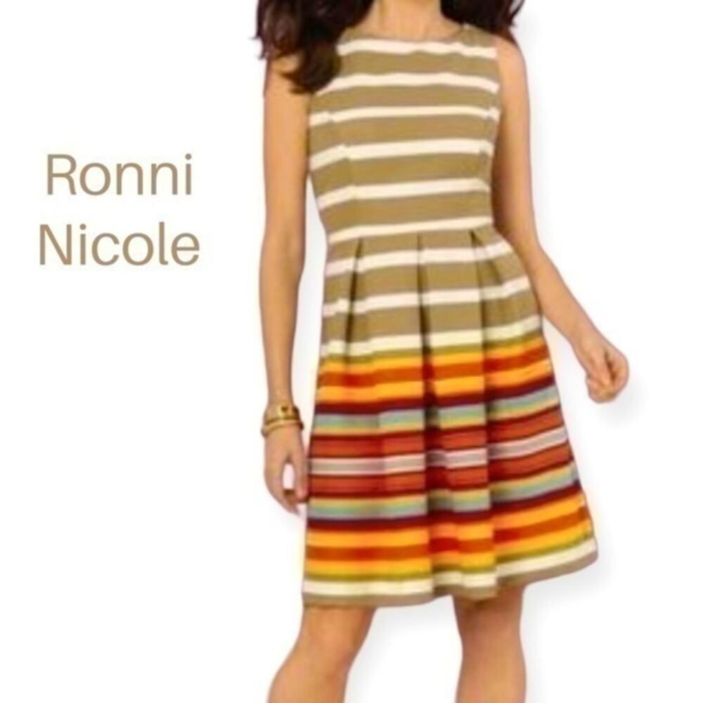Ronnie Nicole Orange Tan Fit & Flare Striped Dress Size 8 Coastal Cowgirl
